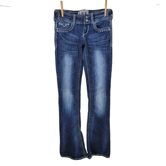 TRADEMARK H Dark Wash Jeans Embroidered Pockets Size 5/6 30" Slim Flare Women's - Picture 2 of 9